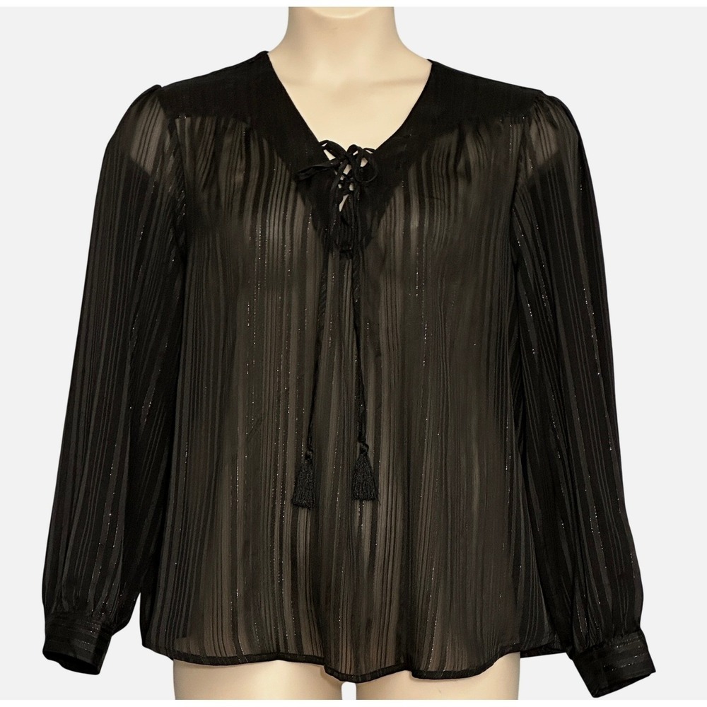 Faded Glory Black Metallic Striped Lace Up Peasant Blouse XL 16-18 Boho Tassel